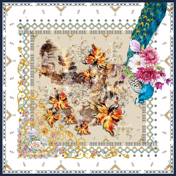 روسری با گل های باستانی و طاووس شگفت انگیز زیبا