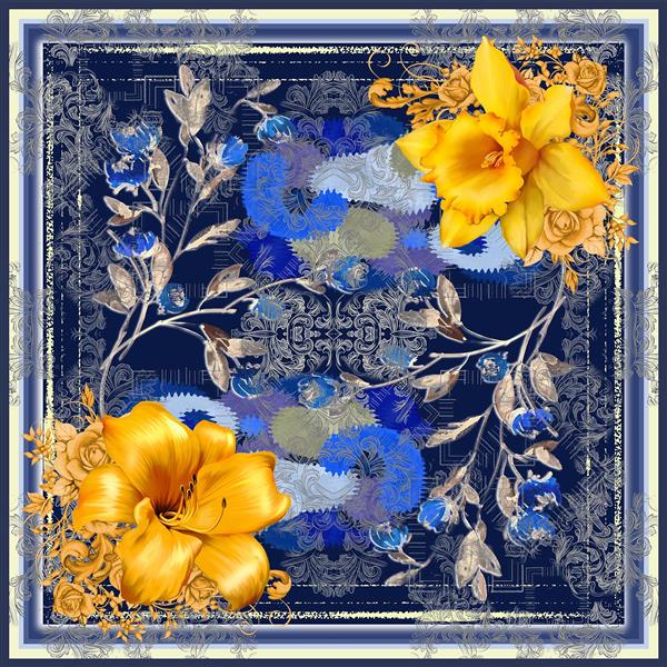روسری آبی کاربنی با گل های زرد بزرگ