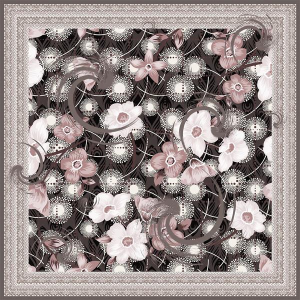 روسری قهوه ای خاکی با گل های رزگلد