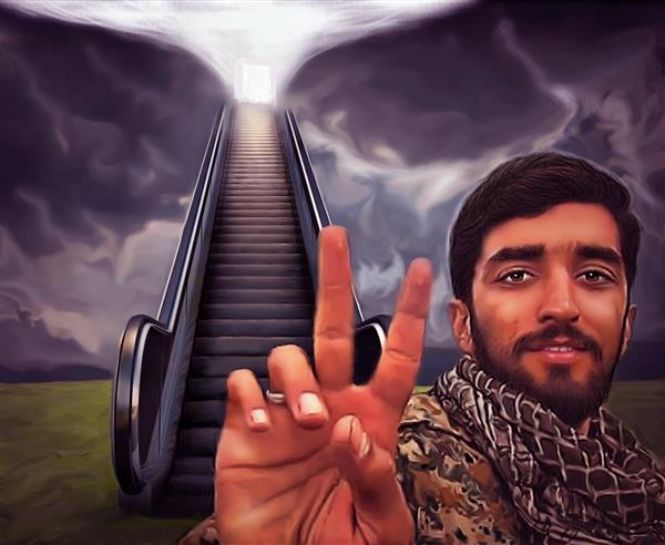 چهره شهید محسن حججی با علامت پیروزی پوستر نقاشی دیجیتال اثر احسان شعبانی