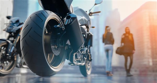 چرخ های موتور سیکلت یک زن در شهر است بازخوانی و تصویرسازی سه بعدی