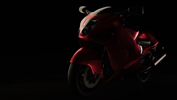 موتور سیکلت قرمز با پس زمینه سیاه رندر و تصویرسازی سه بعدی