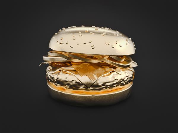 طلای همبرگر روی زمینه مشکی است رندر و تصویرسازی سه بعدی