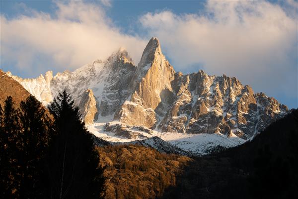 منظره‌ای از قله‌های پوشیده از برف Aiguille verte در کوه‌های آلپ فرانسه