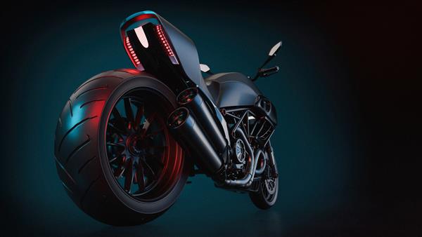 موتور سیکلت Bigbike در پس زمینه آبی و مشکی رندر و تصویرسازی سه بعدی