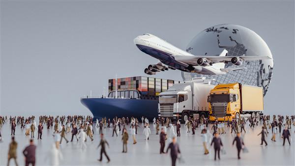 کامیون های هواپیما با درخشان ترین ها به سمت مقصد پرواز می کنند رندر و تصویرسازی سه بعدی