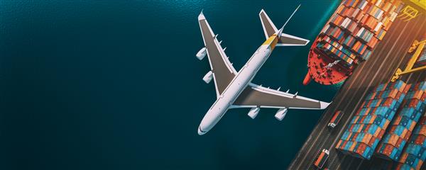مشاهده برتر حمل و نقل و تدارکات کشتی باری کانتینری و هواپیمای باری رندر و تصویرسازی سه بعدی