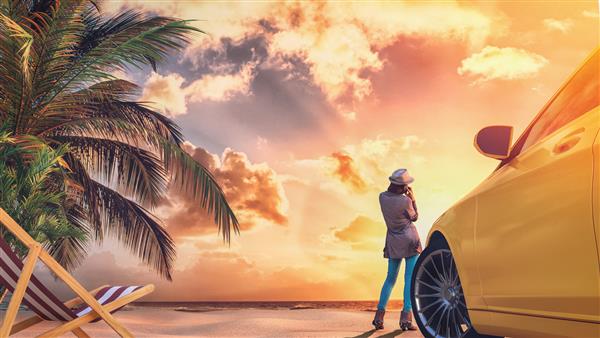زنی که در غروب آفتاب در ساحل ایستاده است رندر و تصویرسازی سه بعدی