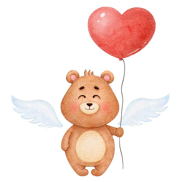 فرشته خرس آبرنگ ناز با قلب بادکنکی تصویری برای روز ولنتاین