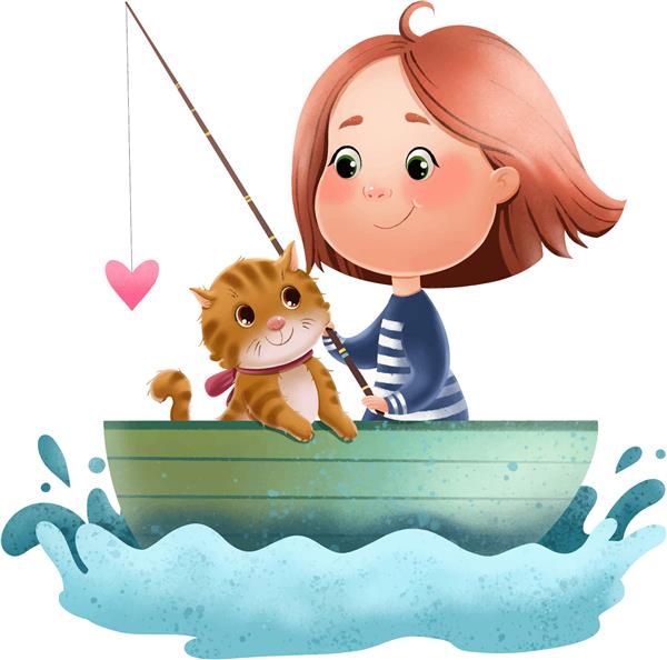 تصویر یک دختر زیبا و یک گربه در یک قایق با یک چوب ماهیگیری و یک قلب