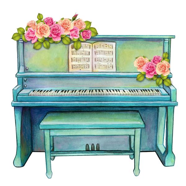 پیانوی ایستاده فیروزه ای آبرنگ با گل رز