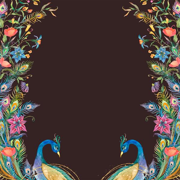 قاب طاووس با گل های آبرنگ در زمینه مشکی