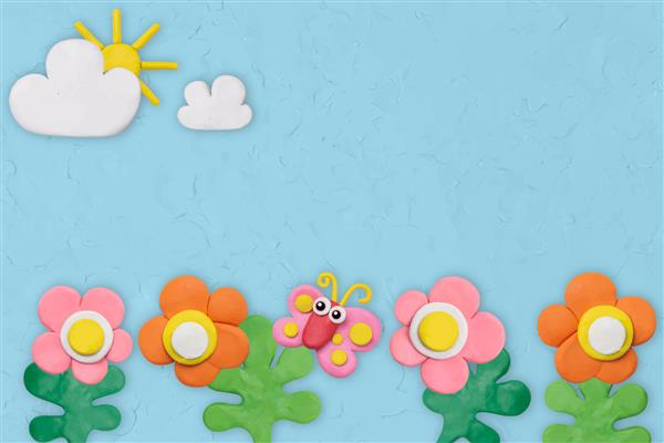 وکتور پس زمینه بافت باغ گل در کاردستی گلی پلاستیکی آبی برای بچه ها