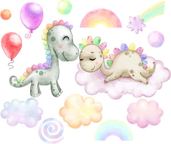 کلیپ با دایناسورهای رنگین کمان و ابرها ستاره بالن نقاشی شده با آبرنگ