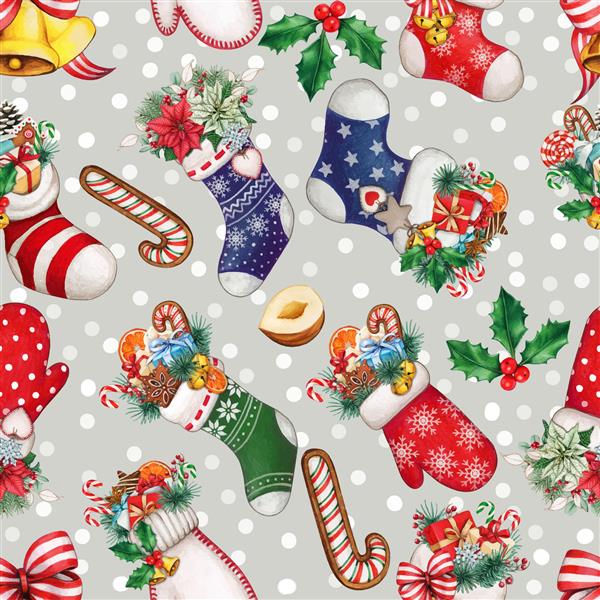 الگوی کریسمس برفی آبرنگ با جوراب ساق بلند هدایا و خوراکی ها