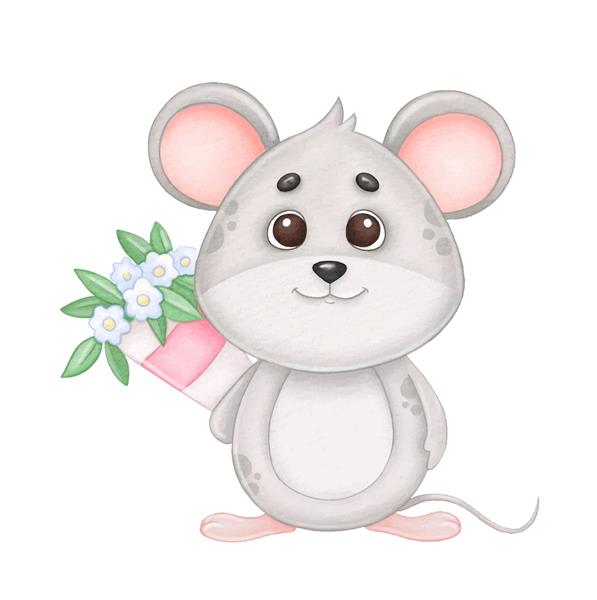 موش کوچولو با یک دسته گل تصویر آبرنگ برای روز ولنتاین یا تولد