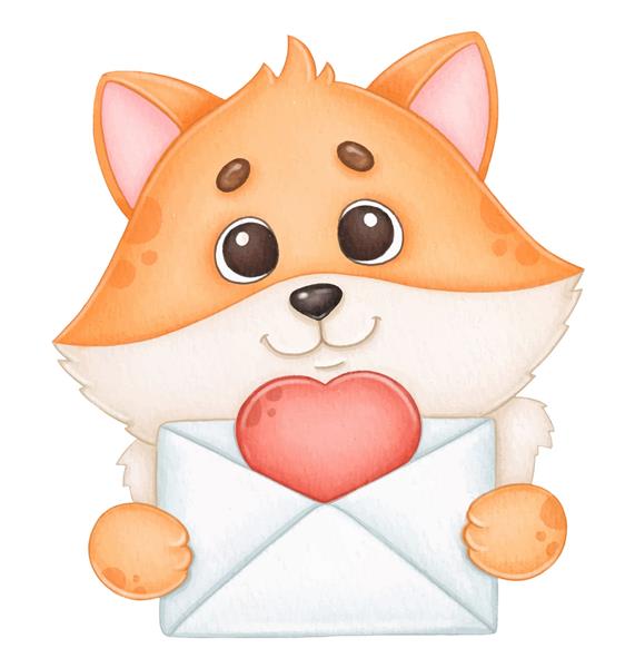 روباه آبرنگ شیرین با تصویر قلب و پاکت برای روز ولنتاین