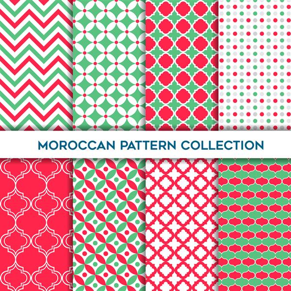 مجموعه ای سبز و تاج خروس از الگوهای بدون درز هندسی مراکشی