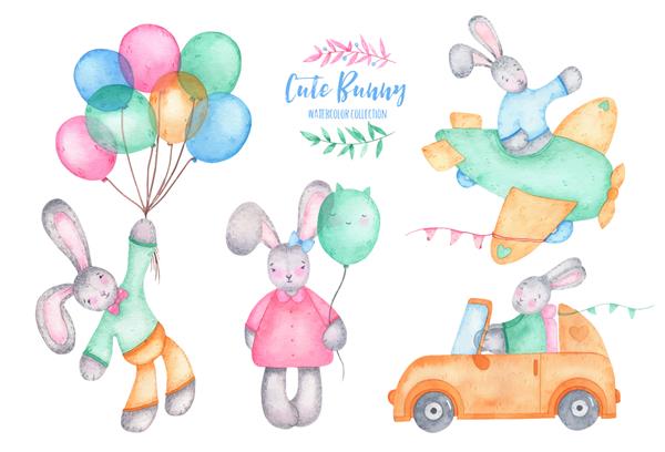 خرگوش خرگوش ناز عید پاک با آبرنگ با بالن های هوا در ماشین و هواپیما