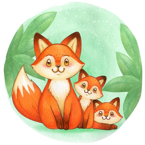 خانواده روباه آبرنگ ناز در جنگل