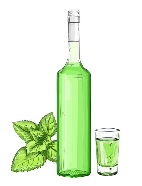 بطری شیشه ای و شات با تصویر لیکور نعناع شربت نعناع در زمینه سفید بطری شیشه ای و لیوان با آبسنت سبز