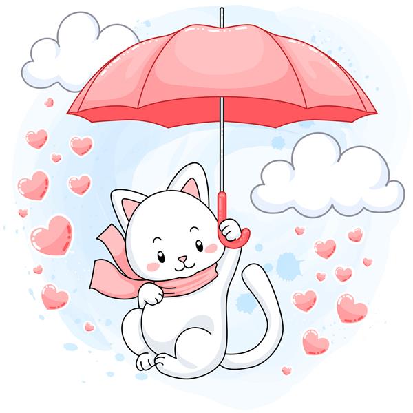بچه گربه سفید ناز شناور روی یک چتر صورتی