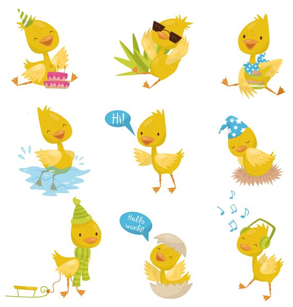 مجموعه شخصیت جوجه اردک بامزه بامزه اردک جوجه زرد در موقعیت های مختلف تصاویر در پس زمینه سفید