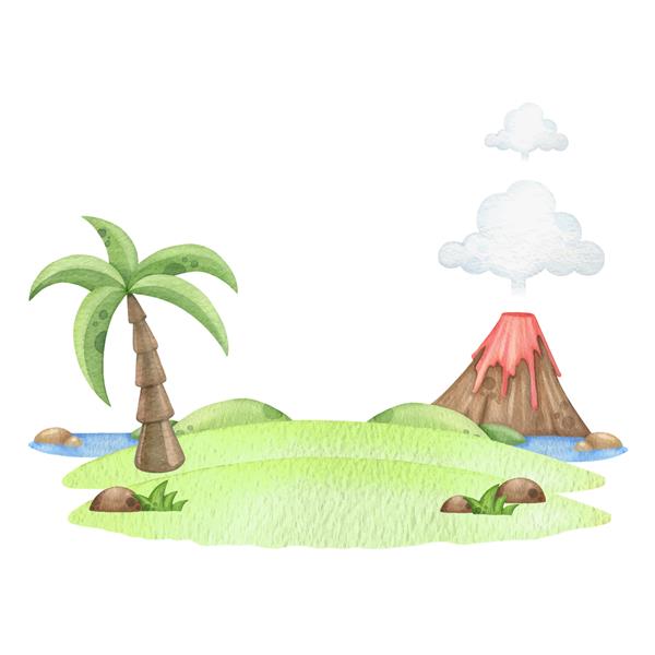 جزیره آبرنگ با نخل و آتشفشان