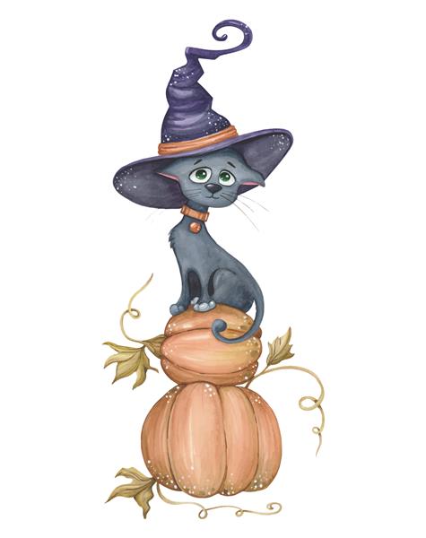 گربه خنده دار و بامزه با کلاه جادوگر نشسته روی کدو تنبل تصویر هالووین