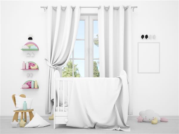 اتاق خواب نوزاد سفید واقعی با یک پنجره و یک گهواره