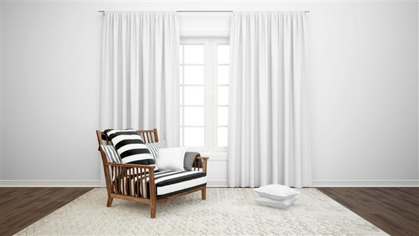 اتاق نشیمن با صندلی راحتی و پنجره بزرگ با پرده های سفید
