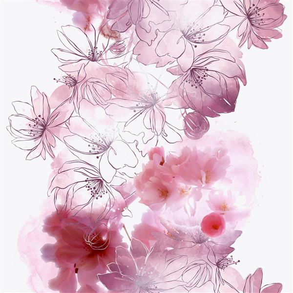 گیلاس شکوفه ساکورا مخلوط تکرار الگوی بدون درز آبرنگ و عکس دیجیتال آثار هنری ترکیبی بافت بی پایان برای دکور و طراحی پارچه