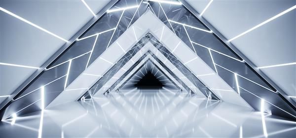 تونل کشتی بیگانه علمی تخیلی مدرن و روشن با نورهای شکل انتزاعی درخشان و سطح بازتابنده با انتهای سیاه و فضای خالی تصویر رندر سه بعدی