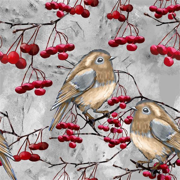 الگوی بدون درز با گل و برگ الگوی گل برای کاغذ دیواری کاغذ و پارچه نقاشی دستی با آبرنگ توت های قرمز و پرندگان در پس زمینه خاکستری