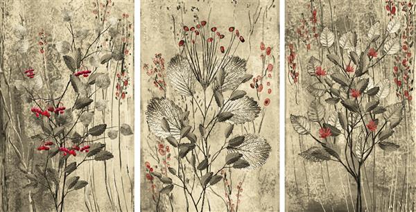 مجموعه نقاشی های طراحان دکوراسیون داخلی هنر انتزاعی مدرن روی بوم ست با گل های قرمز و انواع توت ها در پس زمینه خاکستری