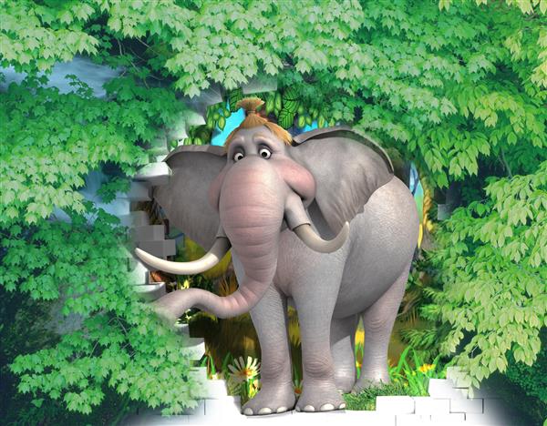 تصویر سه بعدی یک دختر فیل که زیر سایه یک درخت افرا از شکاف دیوار آجری بیرون می آید