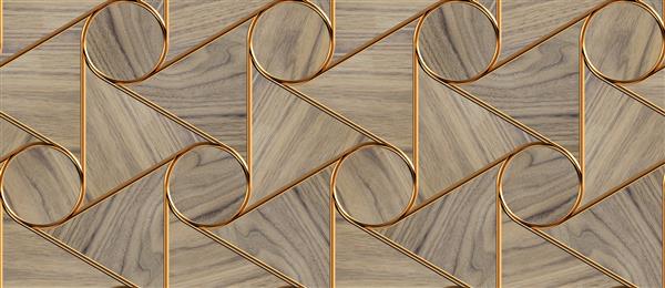 کاشی های مثلثی چوب اکو با عناصر دکور طلایی مهره چوب جنس بافت واقعی بدون درز با کیفیت بالا