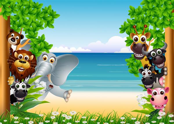 مجموعه کارتونی حیوانات خنده دار با پس زمینه ساحل