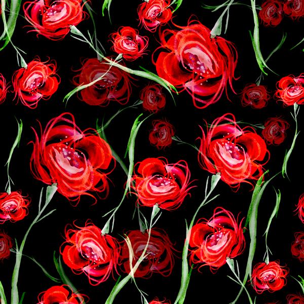 الگوی بدون درز آبرنگ وینتیج با طراحی گل های رز قرمز گل های زیبا گل رز گل صد تومانی خشخاش پس زمینه گل دسته گل آبرنگ کارت تولد