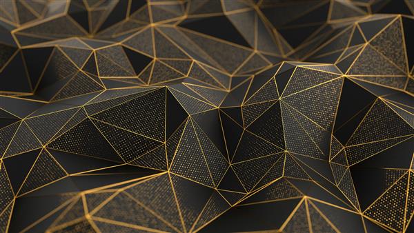 پس زمینه سیاه کم پلی انتزاعی با خطوط طلایی تصویر رندر سه بعدی