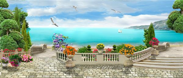 پانورامای زیبا مشرف به دریا نمای زیبا نقاشی دیواری دیجیتال