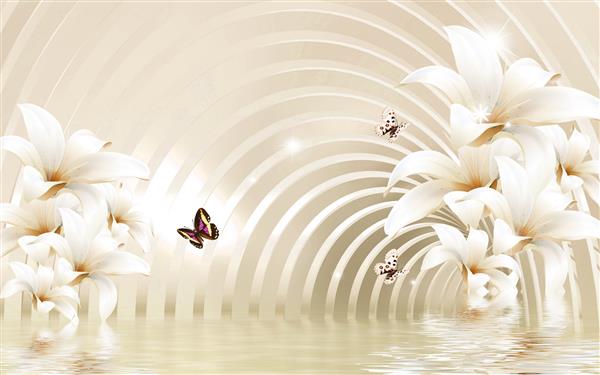 گل راهروی مارپیچی سه بعدی سفید و پروانه های رنگارنگ