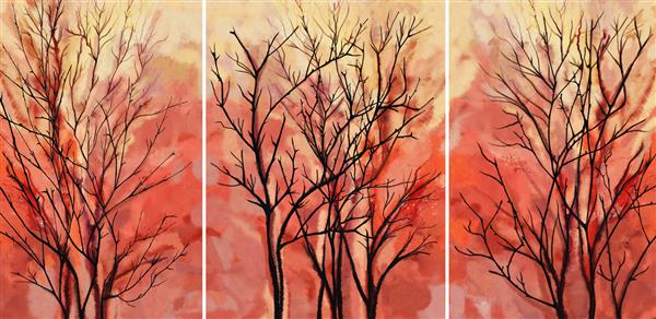 مجموعه ای از نقاشی های رنگ روغن طراحان دکوراسیون داخلی هنر انتزاعی مدرن روی بوم مجموعه ای از تصاویر با درختان در پس زمینه قرمز