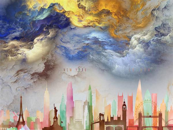 خطوط رنگارنگ ساختمان های معروف پاریس نیویورک و لندن ابرهای رنگارنگ درخشان و خارق العاده