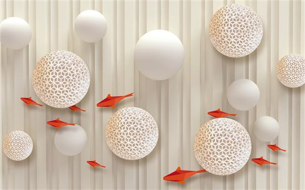 تصویر سه بعدی پس زمینه بژ راه راه های عمودی توپ های صاف و سوراخ دار ماهی چند ضلعی نارنجی