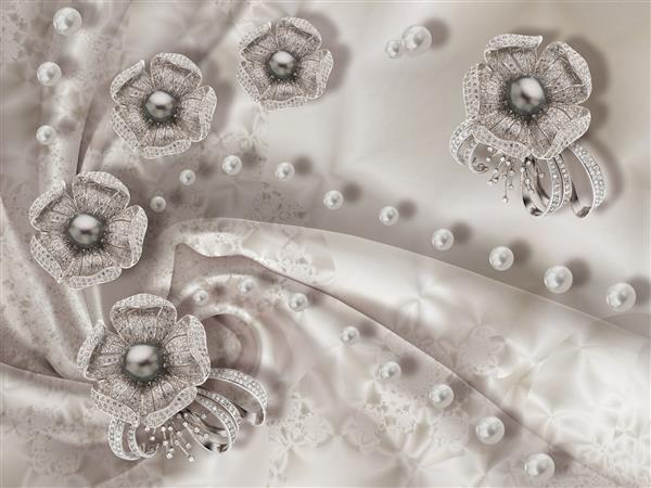 گل های جواهر مروارید در پس زمینه ابریشم خاکستری بافت کاغذ دیواری سه بعدی