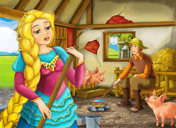 صحنه کارتونی با شاهزاده خانم و دامدار کشاورز در انبار خوک‌فروشی برای کودکان