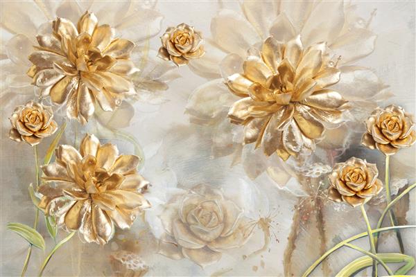 کاغذ دیواری سه بعدی گل تصویر زیبا از گل های طلایی تصویرسازی