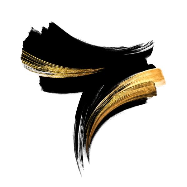 شکل خوشنویسی جوهر سیاه انتزاعی با لکه طلایی قلم موی گواش مدرن کلیپ آرت آبرنگ نقاشی شده با دست جدا شده در پس زمینه سفید تصویر مد پاشیدن عنصر طراحی