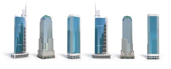 مجموعه ای از ساختمان های مختلف آسمان خراش جدا شده بر روی سفید تصویر سه بعدی
